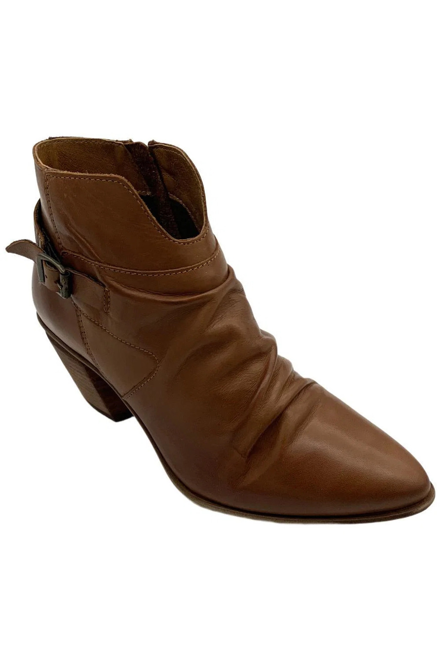 Miz Mooz Women's Leather Ruched Heeled Ankle Boots Brandy - Medium